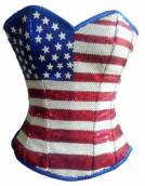 Blue Satin Red White Sequins Handwork Gothic Bustier Waist Training Steampunk Overbust Corset Costume