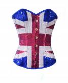 Blue Satin Red & White Handmade Sequined Bustier Waist Training Overbust Corset Costume