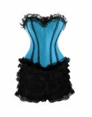 Blue Satin Black Frill Tutu Skirt Gothic Bustier Waist Training Steampunk Costume Overbust Corset Dress