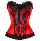 Red Satin Black Frill N Net Gothic Bustier Waist Training Steampunk Overbust Corset Costume