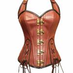 Women’s Sexy Brown Real Leather Lacing Design Gothic Waist Training Bustier Overbust Corset Costume