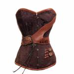 Brown Brocade Leather Buckles Chain Gothic Steampunk Vintage Period Costume Waist Training Overbust Corset Top