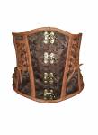 Brown Brocade and Side Brown Leather crisscross Design Gothic Basque Bustier Waist Cincher Underbust Corset Top