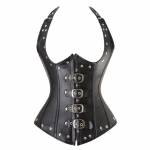 Black Leather Halter Neck Basque LONG Underbust Corset Costume