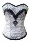 White Satin Black Sequins Gothic Bustier Waist Training Overbust Corset Costume