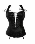 Black Faux Leather Zipper N Lacing Gothic Waist Training Lingerie Overbust Corset Costume