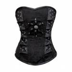 Black Brocade with Leather Patches Gothic Bustier Waist Training Steampunk Overbust Corset Costume