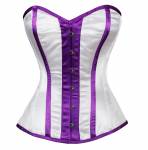 White Satin Purple Stripes Gothic Bustier Waist Training Basque Overbust Corset Costume