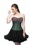 Green Silk Handmade Sequined Front Zipper Overbust Top & Black Tissue Tutu & Skirt Corset Dress