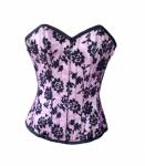 Pink Satin Black Tissue Flocking Gothic Bustier Waist Training Overbust Corset Costume