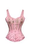 Pink Satin Silver Sequins Shoulder Straps Gothic Bustier Waist Training Overbust Corset Costume