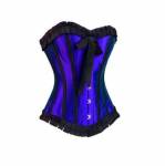 Women's Blue Satin Black Frill Gothic Retro Bustier Waist Training Overbust Corset Costume