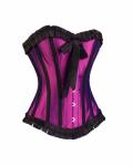 Magenta Satin Black Frill Gothic Retro Bustier Waist Training Steampunk Overbust Corset Costume