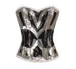 Women’s White Satin Black & Silver Handmade Sequins Gothic Burlesque Waist Training Overbust Corset Costume