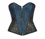 Women’s Blue Black Brocade with Black Leather Gothic Steampunk Burlesque Waist Training Overbust Corset Costume