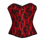 Women’s Red Satin Tissue Flocking Gothic Bustier Waist Training Overbust Bustirer Corset Costume