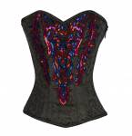 Black Brocade & Red, Blue Handmade Sequins Gothic Burlesque Bustier Overbust Corset Costume