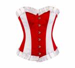 Women’s Red & White Satin White Frill Gothic Retro Burlesque Bustier Waist Training Overbust Corset Costume