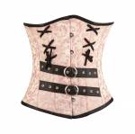 Women’s Pink Brocade Black Leather Belts Gothic Steampunk Bustier Waist Training Underbust Corset Costume