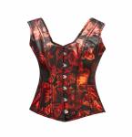 Women’s Black & Red Printed Polyester Shoulder Strap Gothic Burlesque Bustier Waist Training Overbust Corset Costume