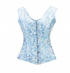 Women’s White & Turquoise Brocade Shoulder Strap Gothic Burlesque Bustier Waist Training Overbust Corset Costume