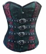 Beauteous Red Green Brocade With Leather Belts Overbust Corset Top Beauteous Red Green Brocade With Leather Belts Overbust Corset Top