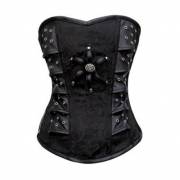Black Brocade with Leather Patches Gothic Bustier Waist Training Steampunk Overbust Corset Costume Black Brocade with Leather Patches Gothic Bustier Waist Training Steampunk Overbust Corset Costume