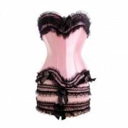 Pink Satin Black Frill Gothic Moulin Rouge Waist Training Bustier Costume Overbust Corset Dress
