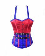 Red and Blue Poly Satin Shoulder Strap Bustier Waist Training Steampunk Overbust Corset Top