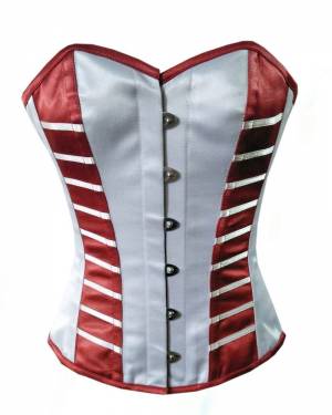 Red & White Satin Burlesque Waist Cincher Bustier Steampunk Overbust Corset Costume