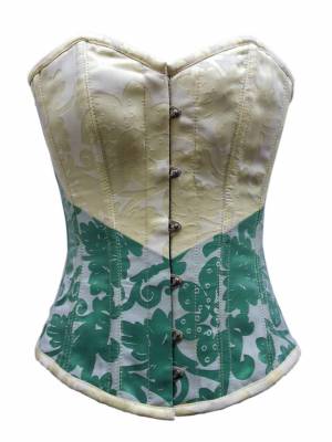 Women's Yellow Satin Green & White Tissue Flocking Overbust Corset Top