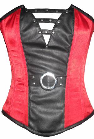 Red & Black Satin Leather Work Waist Training Steampunk Overbust Corset Costume