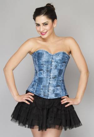 Blue Denim Print Faux Leather Overbust Top & Skirt Corset Dress