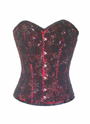 Red Satin Black Handmade Sequined Gothic Waist Training Bustier Overbust Corset Costume