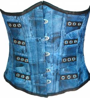 Blue Denim Print Faux Leather Waist Cincher Front Open Busk Shapewear Underbust Corset Top