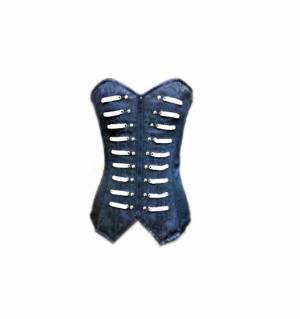 Blue Brocade Zipper Gothic Bustier Waist Training Burlesque Long Overbust Corset Costume