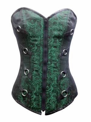 Green Brocade Gothic Waist Training Bustiers Burlesque Steampunk Long Overbust Corset Costume