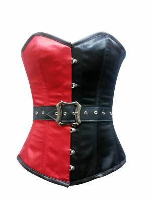 Red Black Satin Leather Belt Gothic Bustier Waist Training Burlesque Basque Overbust Corset Costume