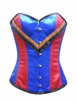 Red Blue Satin V Leather Straps Gothic Waist Training Bustier Burlesque Overbust Corset Costume