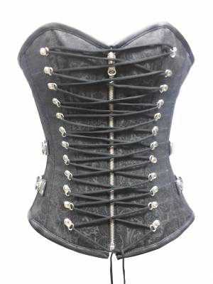 Black Brocade Leather Zipper Laces Gothic Bustier Burlesque Steampunk Overbust Corset Costume