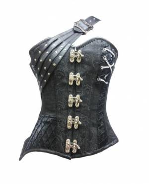 Vintage Corset Black Brocade Leather Straps Gothic Bustier Waist Training Overbust Fantasy Top