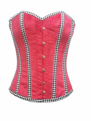 Red Velvet Check Stripes Gothic Bustier Waist Training Overbust Corset Costume