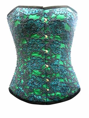 Green Satin Handmade Sequined Gothic Bustier Waist Training Overbust Corset Costume