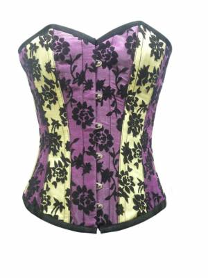 Yellow Purple Satin Tissue Flocking Gothic Bustier Waist Training Overbust Corset Costume