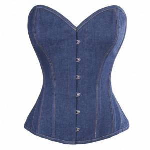 Blue Denim Vintage Bustier Waist Training Costume Halloween Overbust Corset Top