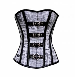 Black N White Newspaper Print Leather Straps Gothic Bustier Waist Training Lingerie Overbust Corset Costume