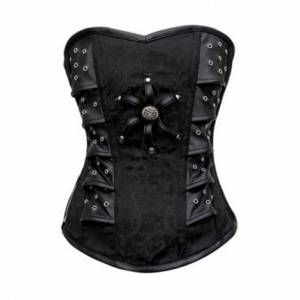 Black Brocade with Leather Patches Gothic Bustier Waist Training Steampunk Overbust Corset Costume