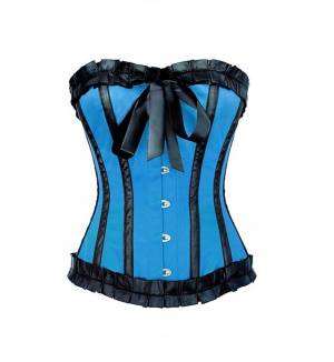 Blue Satin Gothic Retro Bustier Waist Training Overbust Corset Costume