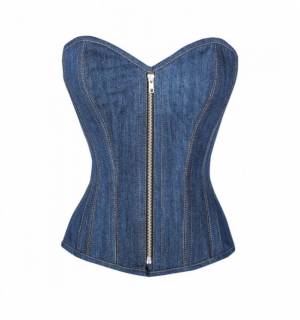 Blue Denim Zipper Bustier Waist Trainer Halloween Overbust Corset