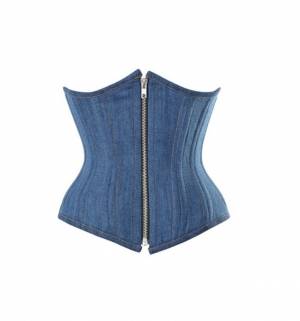 Halloween Blue Denim Zipper Double Steel Bone Gothic Waist Training Halloween Overbust Corset